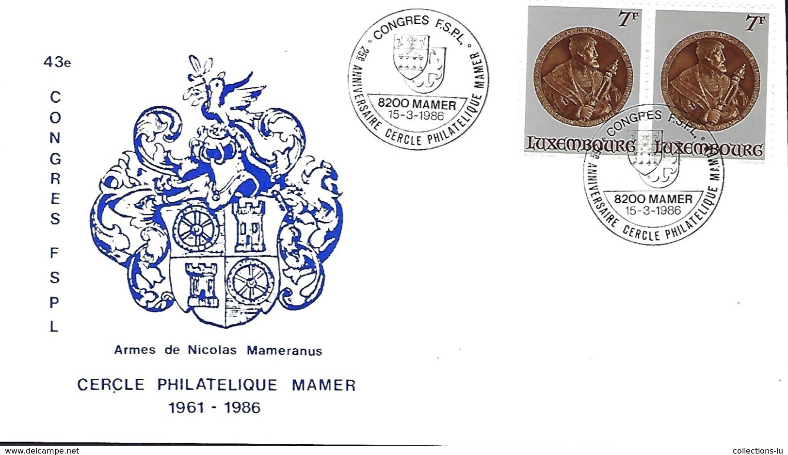 Luxembourg  -  FDC     15.3.1986  -  Cercle Philatélique Mamer  Armes De Nicolas Mameranus - FDC