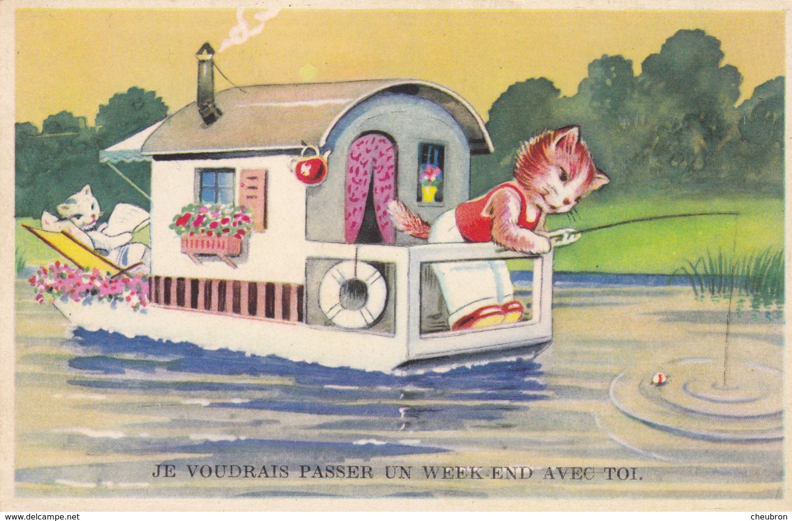 CARTE FANTAISIE. CPA . ILLUSTRATION. COUPLE DE CHATS SUR PENICHE. " JE VOUDRAIS PASSER UN WEEKEND AVEC TOI " . - Cats