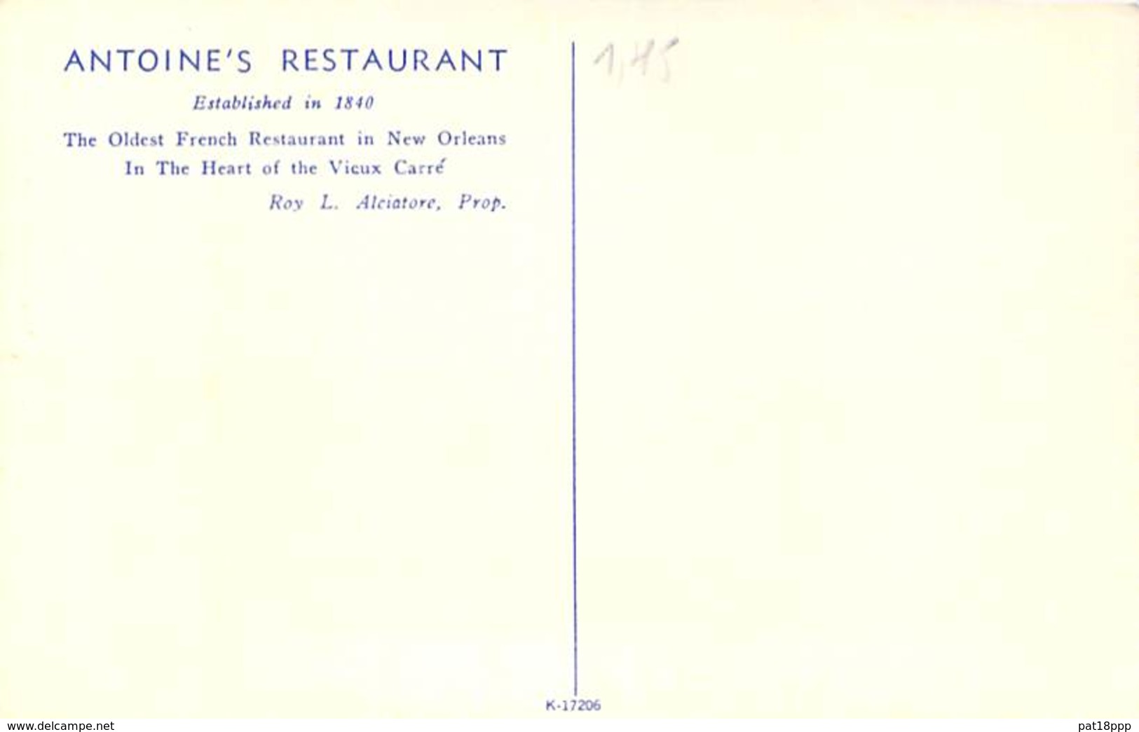 USA Etats Unis ( LA Louisiana ) ANTOINE'S RESTAURANT - 713 St Louis Street ( Oldest FRENCH Rest ) Jolie CPA Colorisée - New Orleans