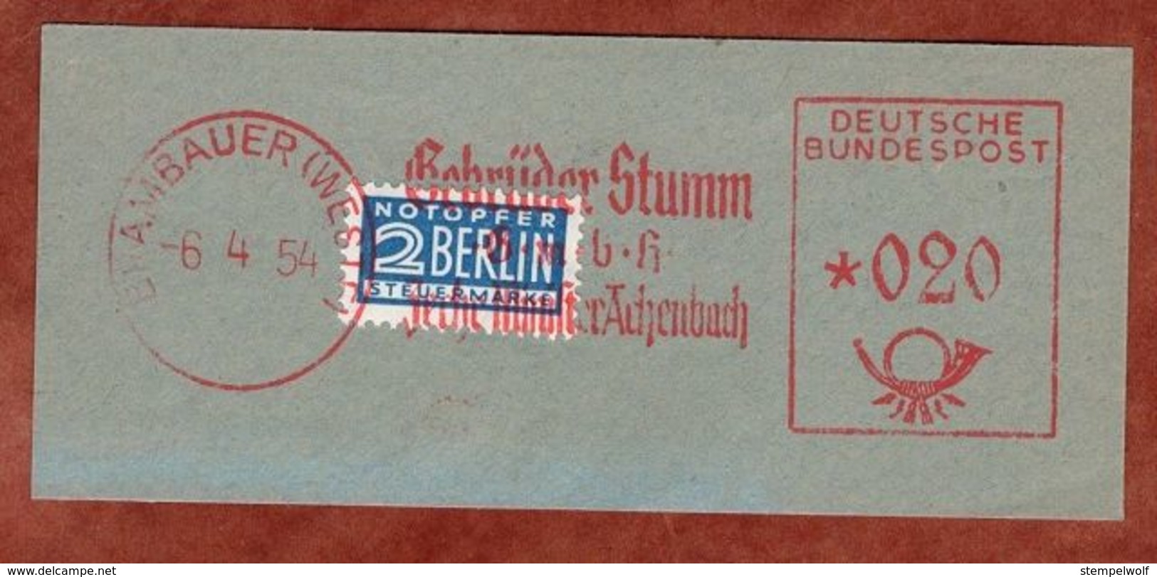 Ausschnitt, Absenderfreistempel, Stumm Zeche Minister Achenbach, Vorausentwertete Notopfermarke, Brambauer 1954 (82406) - Maschinenstempel (EMA)