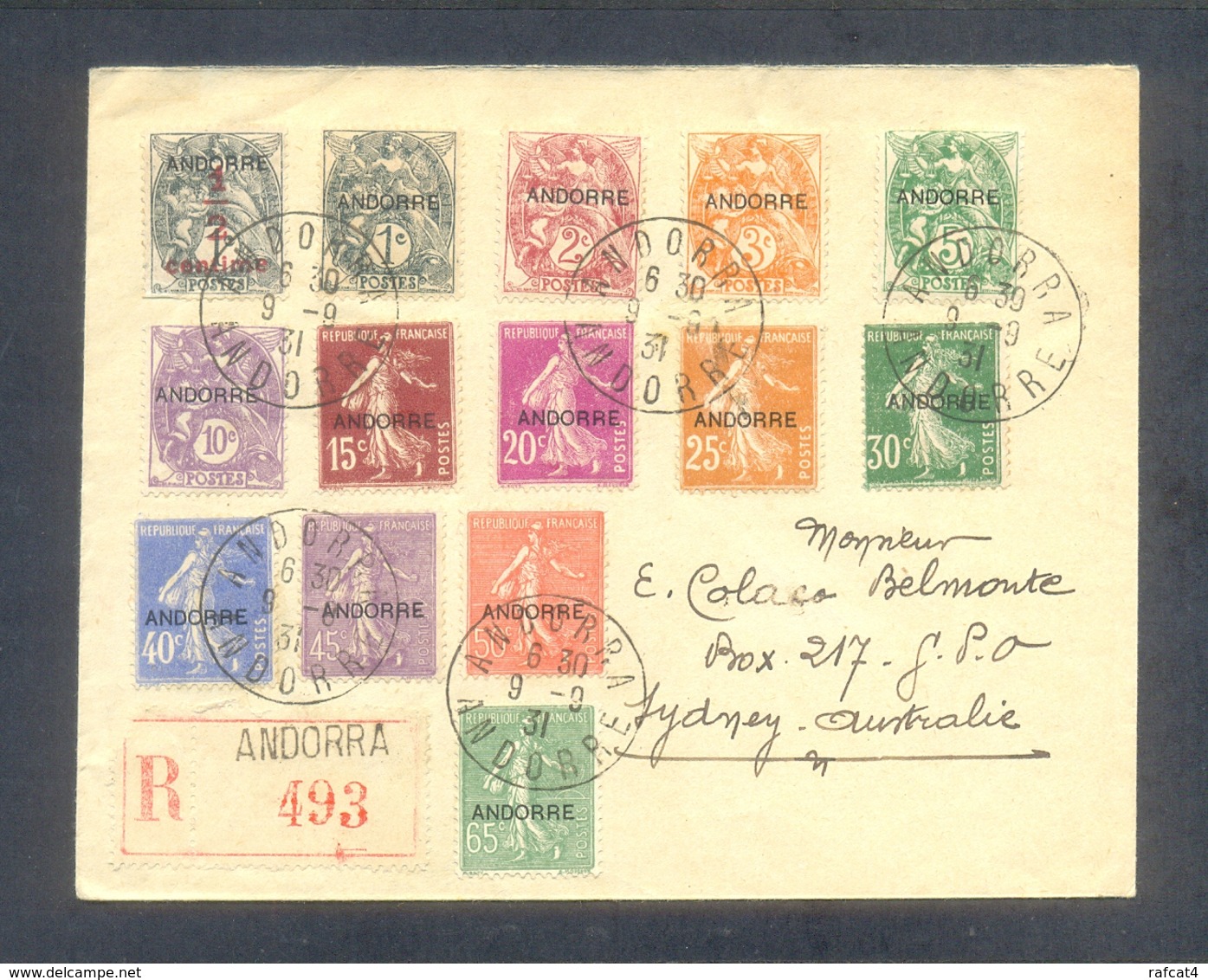 ANDORRA ANDORRE FRANÇAIS.9 SEPTEMBRE 1931.LETTRE RECOMMANDÉE POUR SYDNEY EN AUSTRALIE.14 TIMBRES.CACHET D'ARRIVÉE AU DOS - Cartas & Documentos