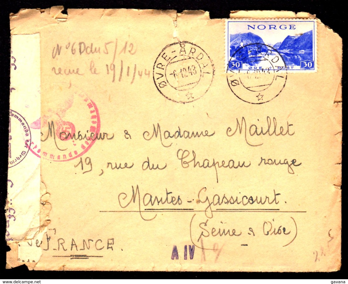 STO En Norvège - Censure Militaire - OVRE-ARDAL Du 06/12/43 - Lettres & Documents