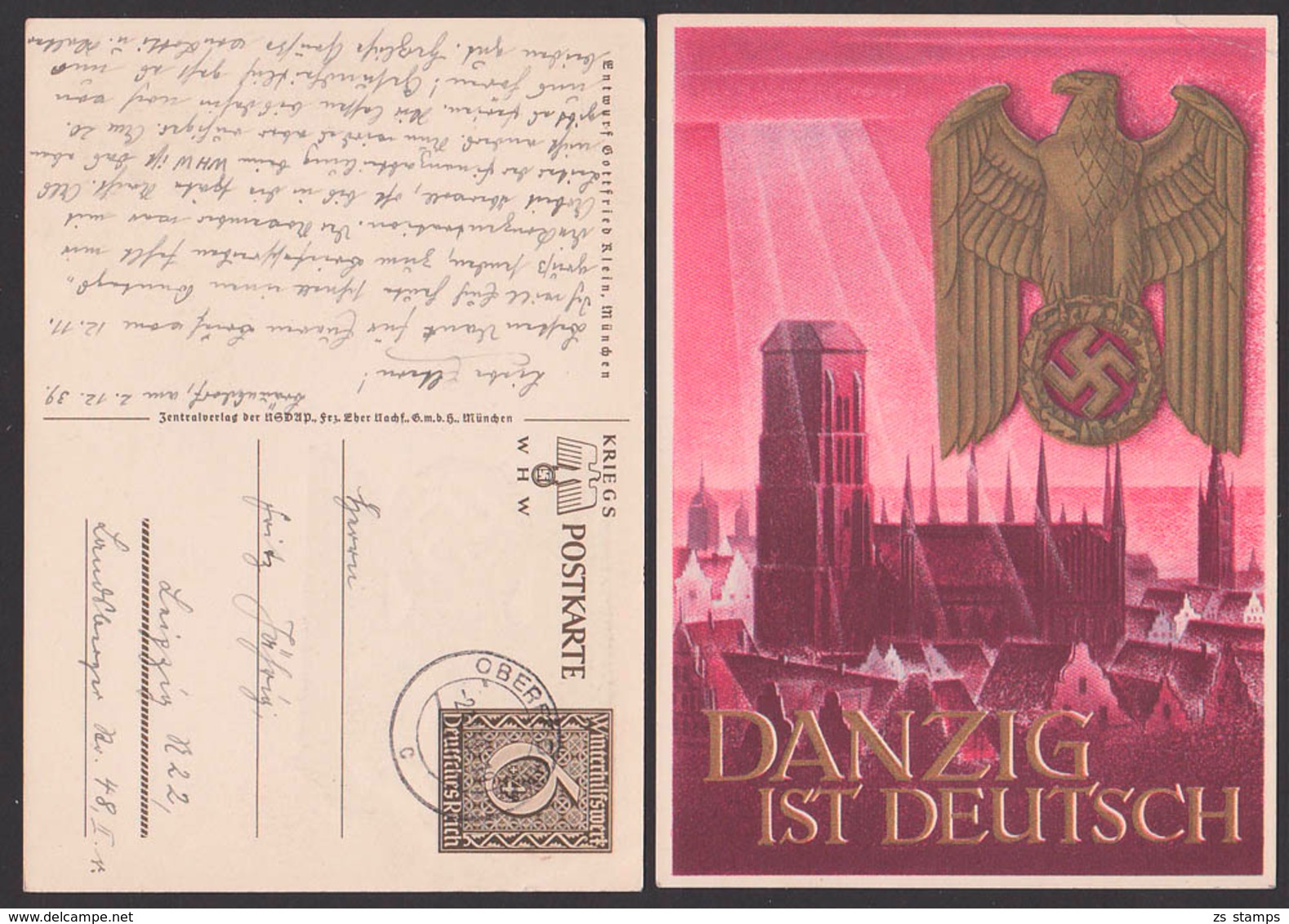 Danzig Ist Deutsch Marienkirche Adler Mit Hakenkreuz Card, Used Germany P287 Oberfrohna 2.12.39 - Sonstige & Ohne Zuordnung