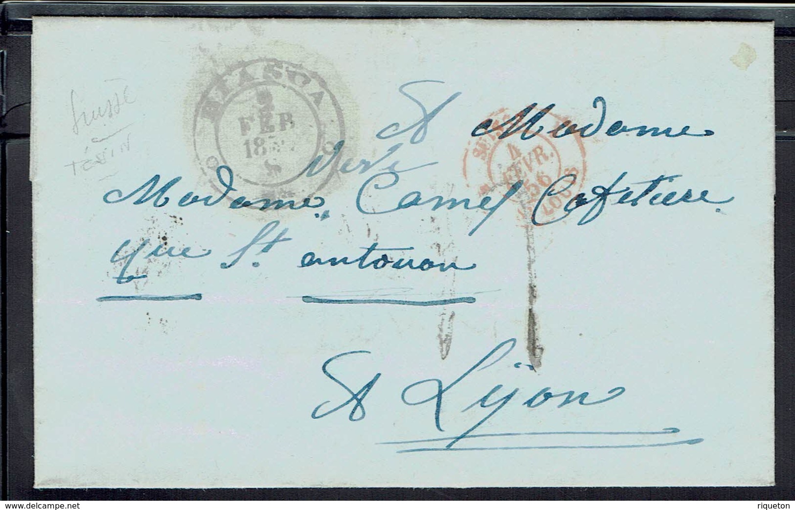 Suisse - Lettre De Biasca Du 2 Février 1856, Port Dû, Taxe Manuscrite 4 Décimes, Pour Lyon - B/TB - - Covers & Documents