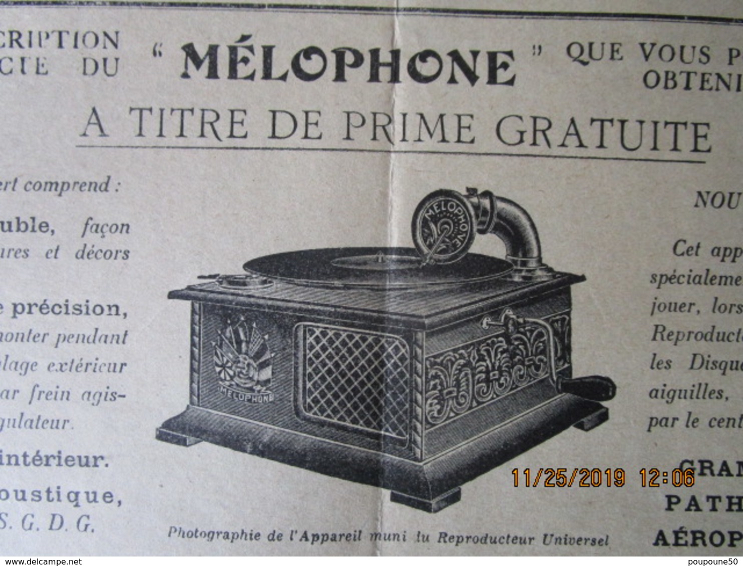 Publicité Manufacture Française De Phonographes Et Acc. LE MELOPHONE 5 Rue Brodu Paris XIVè,gramophone Pathé Idéal Aéro - Publicités