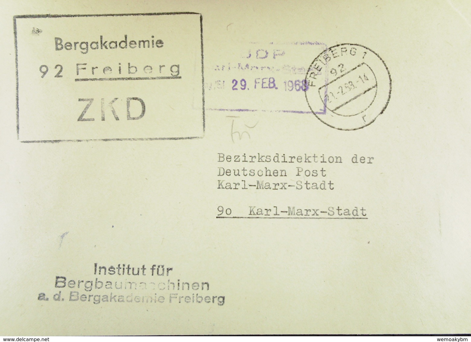 DDR-Dienst: Brief Mit ZKD Kastenstpl. Mit PLZ In Abw. Farbe Schwarz (statt Violett) Aus 92 Freiberg Vom 28.7.68 - Sonstige & Ohne Zuordnung