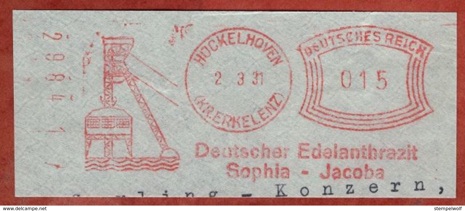 Ausschnitt, Absenderfreistempel, Deutscher Edelanthrazit Sophia-Jacoba, 15 Rpf, Hueckelhoven 1931 (82415) - Machines à Affranchir (EMA)