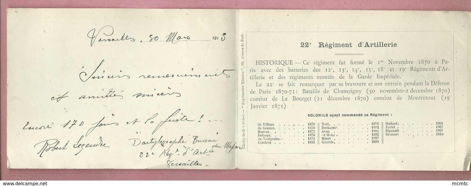 Carte Lettre Militaire Double - Versailles - 22eme Régiment D'Artillerie - Intérieur Du Quartier-L'Appel Au Pansage - Versailles