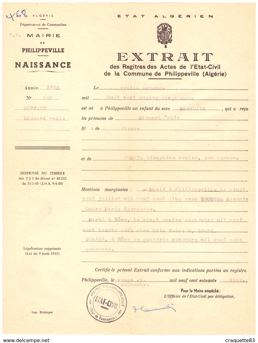 EXTRAIT DES REGISTRES DES ACTES DE L'ETAT-CIVIL DE LA COMMUNE DE PHILIPPEVILLE   ETAT ALGERIEN 1962 - Unclassified