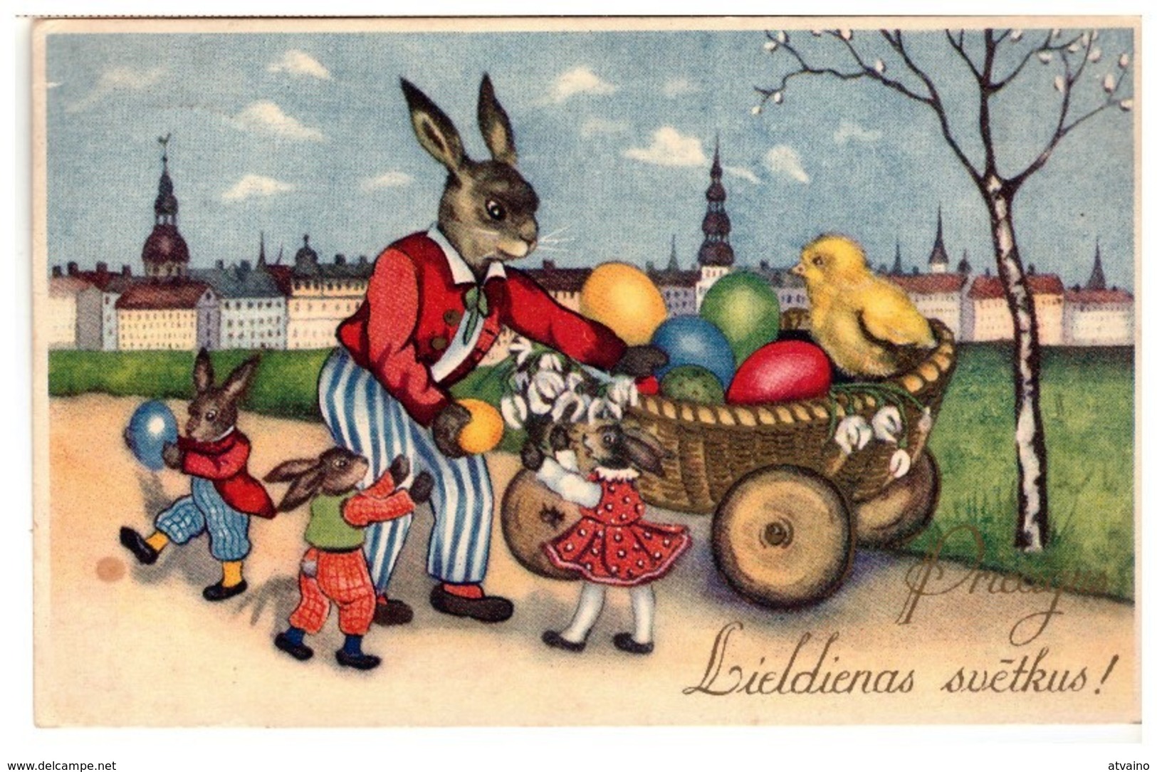 Dressed Bunny's Rabbits Drawn Carriages Easter Vintage Latvia 1930s PC - Other & Unclassified