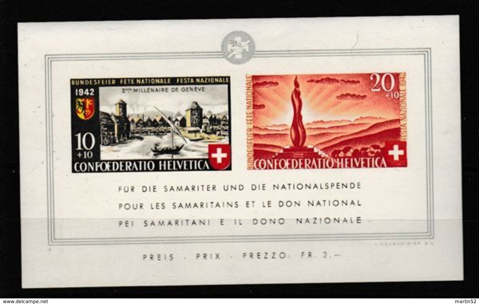 Schweiz Suisse 1942 Pro Patria "Samariter & Nationalspende" 1942 Block 17 (Zu WII19) Yv BF 17 ** MNH (Zu CHF 120.00) - Blocks & Kleinbögen