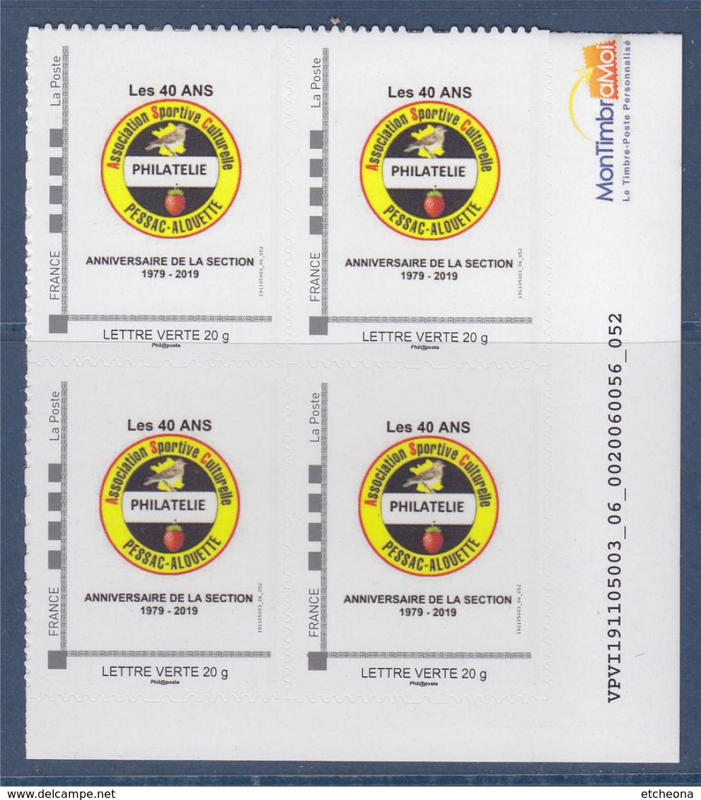 Emission Logo 40 Ans Du Club Philatélique Ville De Pessac 23-24.11.2019 TVP LV Cadre MonTimbraMoi Neuf Bloc De 4 - Unused Stamps