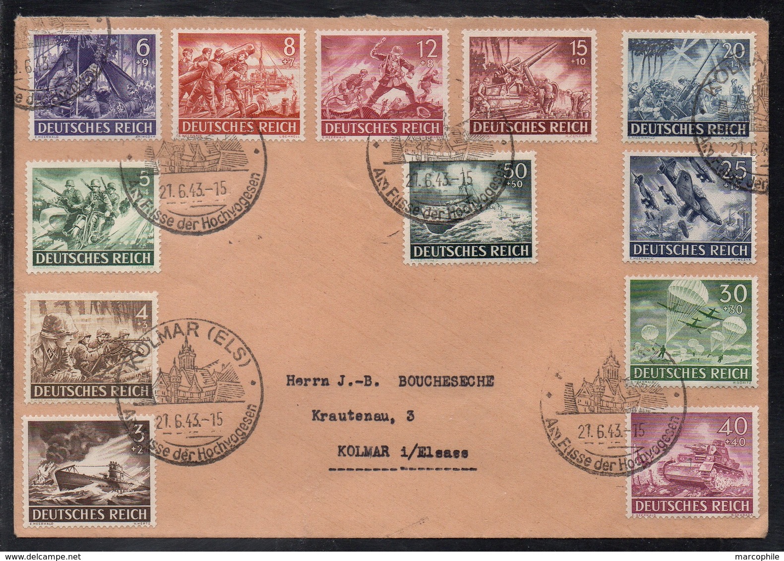 III REICH - PROPAGANDE DE L'ARMEE - ALLEMAGNE /1943 SERIE COMPLETE DE 12 TIMBRES SUR LETTRE POUR COLMAR (7900) - Cartas & Documentos