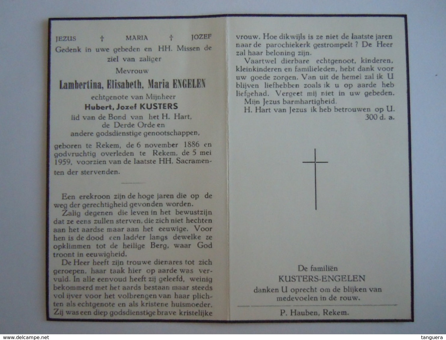 Doodsprentje Lambertina Elisabeth Maria Engelen Rekem 1886 1959 Echtg Hubert Jozef Kusters - Devotion Images