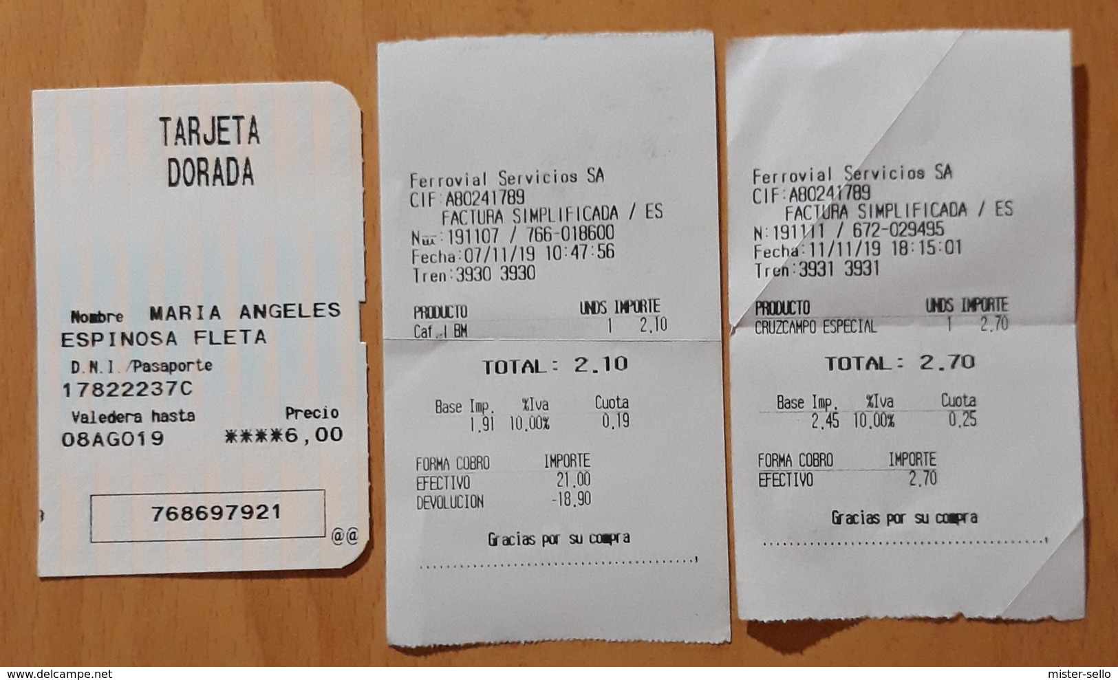 ESPAÑA RENFE - TREN. TARJETA DORADA + 2 TICKETS AVE CONSUMICIONES BAR. - Europa