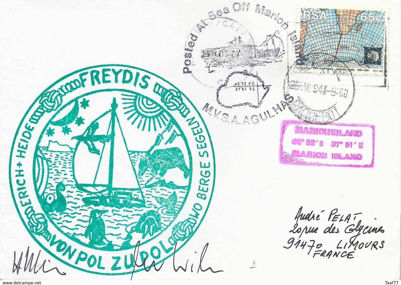 TAAF - Lettre Marion Island Avec Timbre Afrique Du Sud N°747 - Cachet Cape Town Paquebot Du 26/05/1994 - Forschungsprogramme