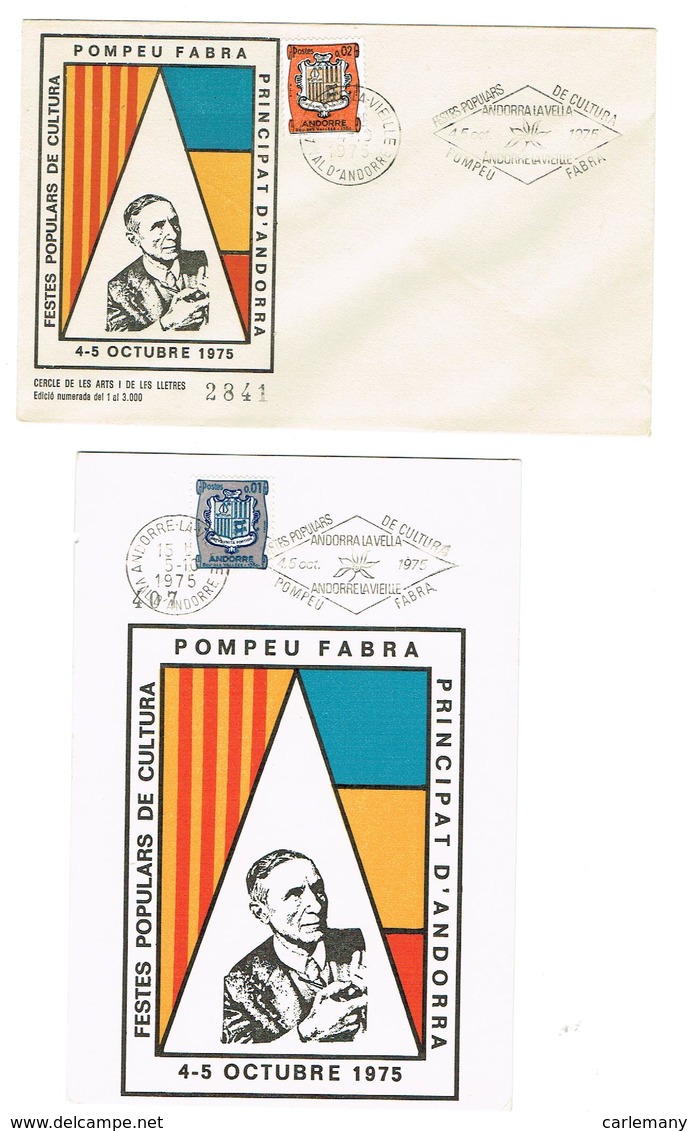 ANDORRE FR 2 DOC. POMPEU FABRA 1975 Solo Enveloppe. 1 Document - Lettres & Documents