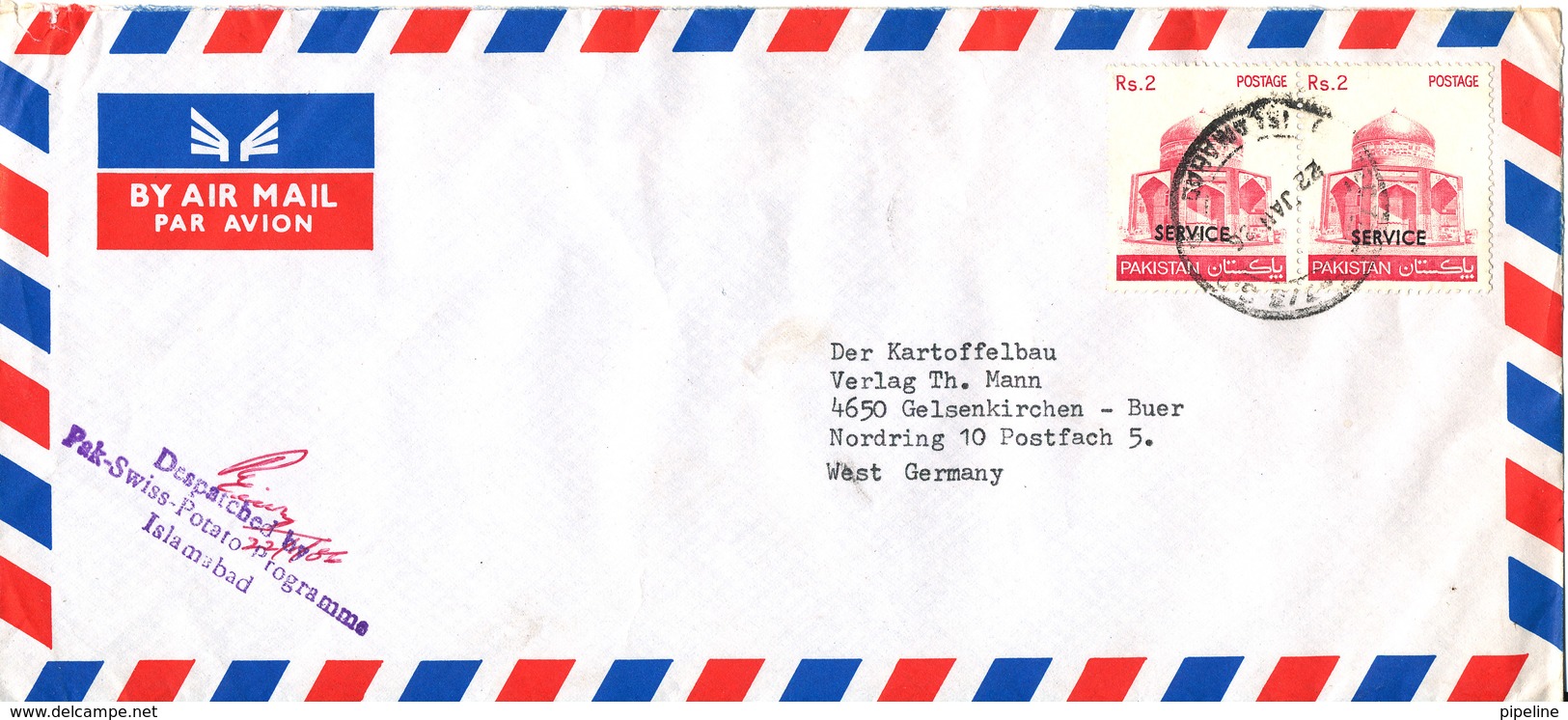 Pakistan Air Mail Cover Sent To Germany 22-1-1986 (stamps With Overprint SERVICE) - Pakistan