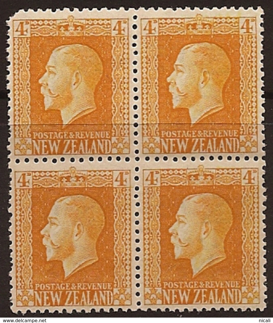 NZ 1915 4d Yellow (4) P14x14.5 UNHM SG 421c ST244 - Unused Stamps