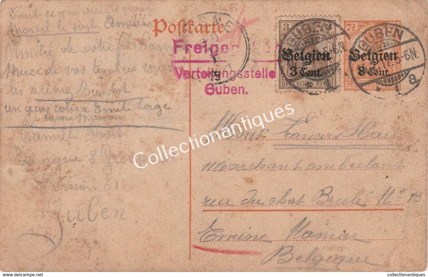 Entier Postal - 7 1/2 Ct Surtaxe Belgien 8 Cent Freigegeben Verteilungsstelle Guben Emine Timbre 3 Ct Surtaxe 3 Cent. - Occupazione 1914 – 18