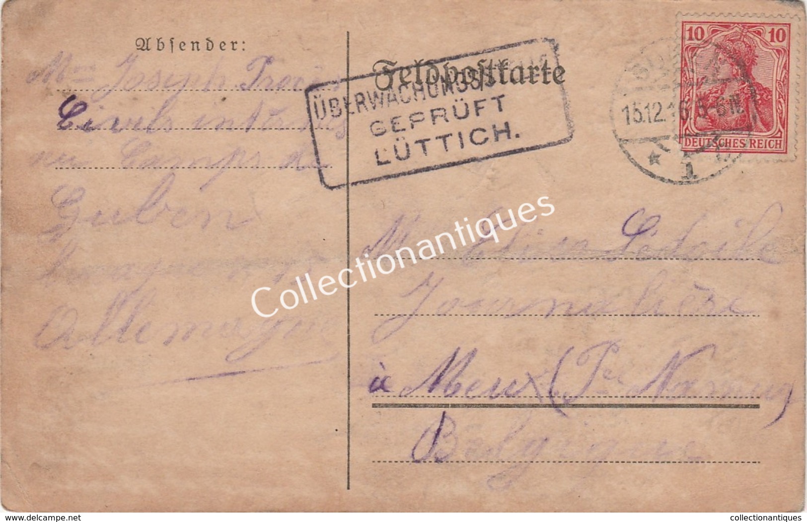 CPA überwachungsstelle Geprüft Lüttich Lège 1916 Guben Vers Meux TP 10 Cent. Rose - Occupazione 1914 – 18