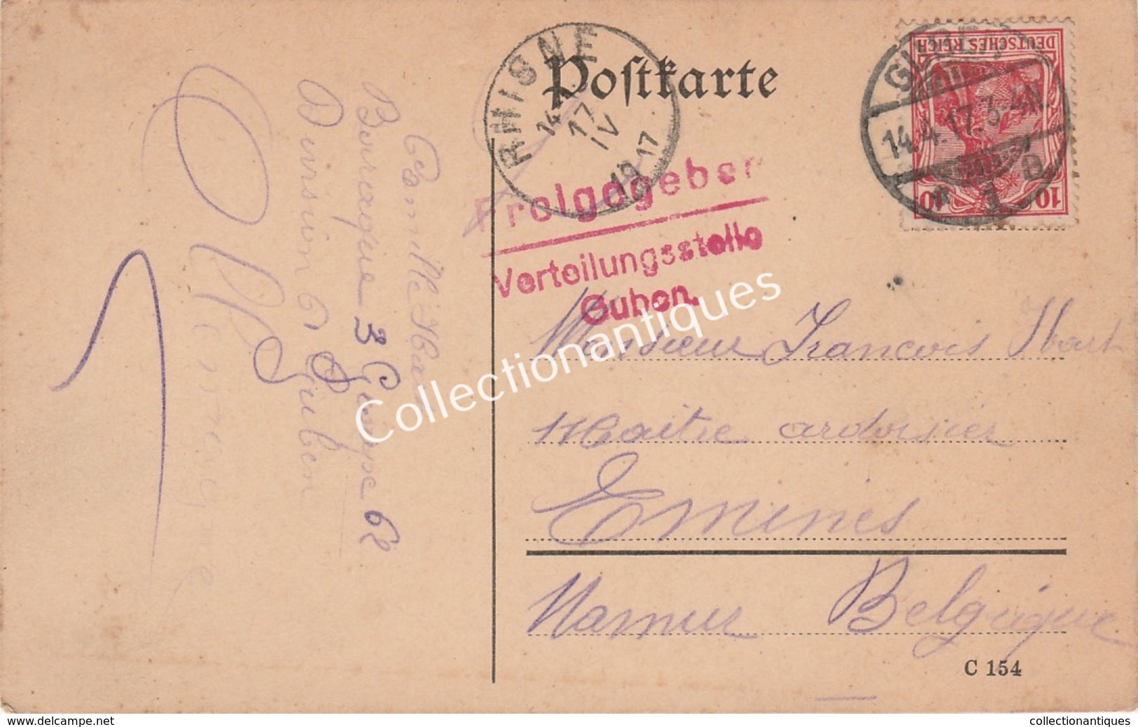 CPA Freigegeben Verteilungsstelle Guben Brandebourg Vers Emines -TP 10 Cent. Rose 1917 - Occupation 1914-18