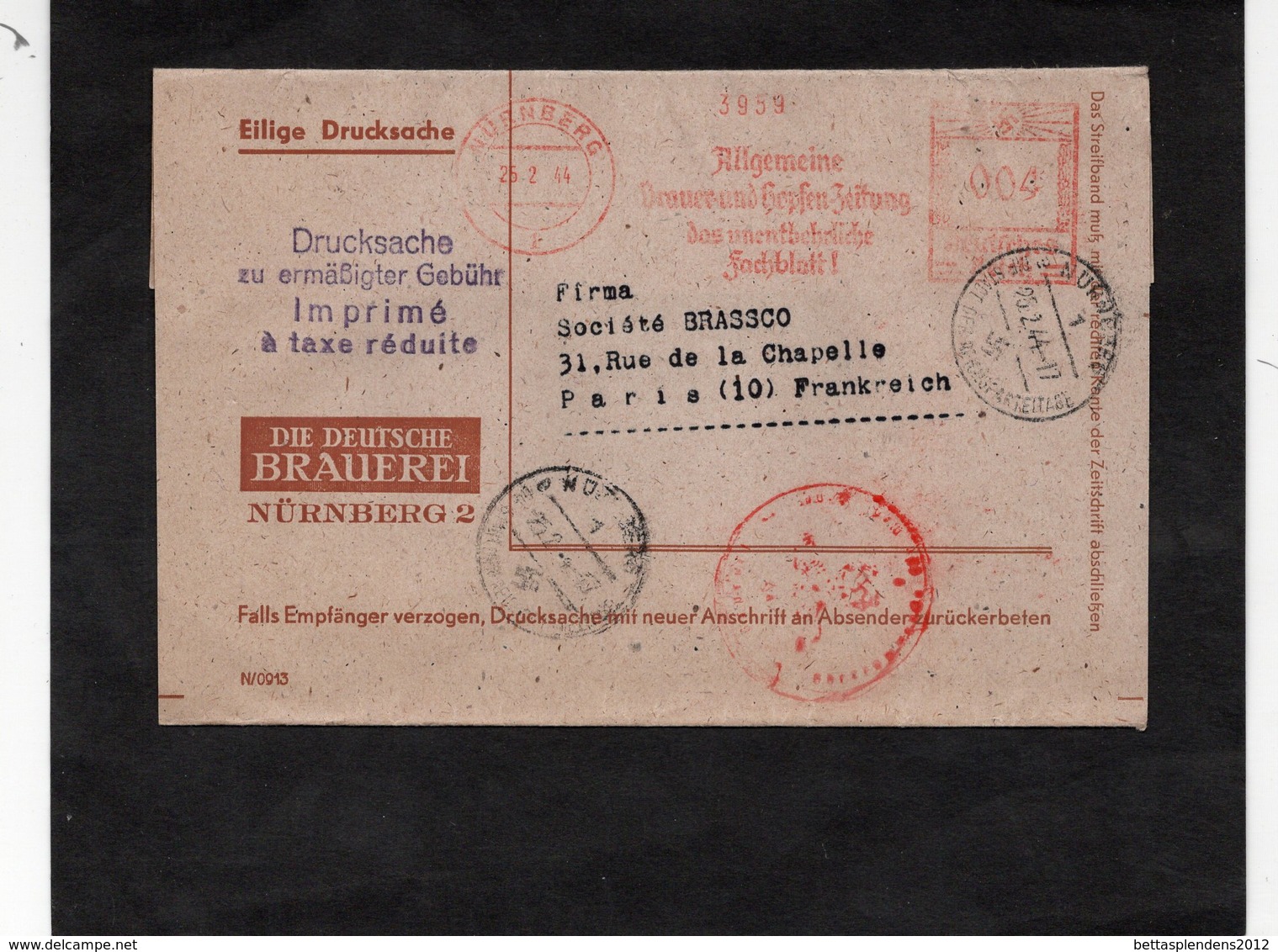 1944 - Bande Pour Journaux - DIE DEUTSCHE BRAUEREI - NURNBERG 2 - EMA - Empreinte Mécanique Et Divers Cachets - Briefe U. Dokumente