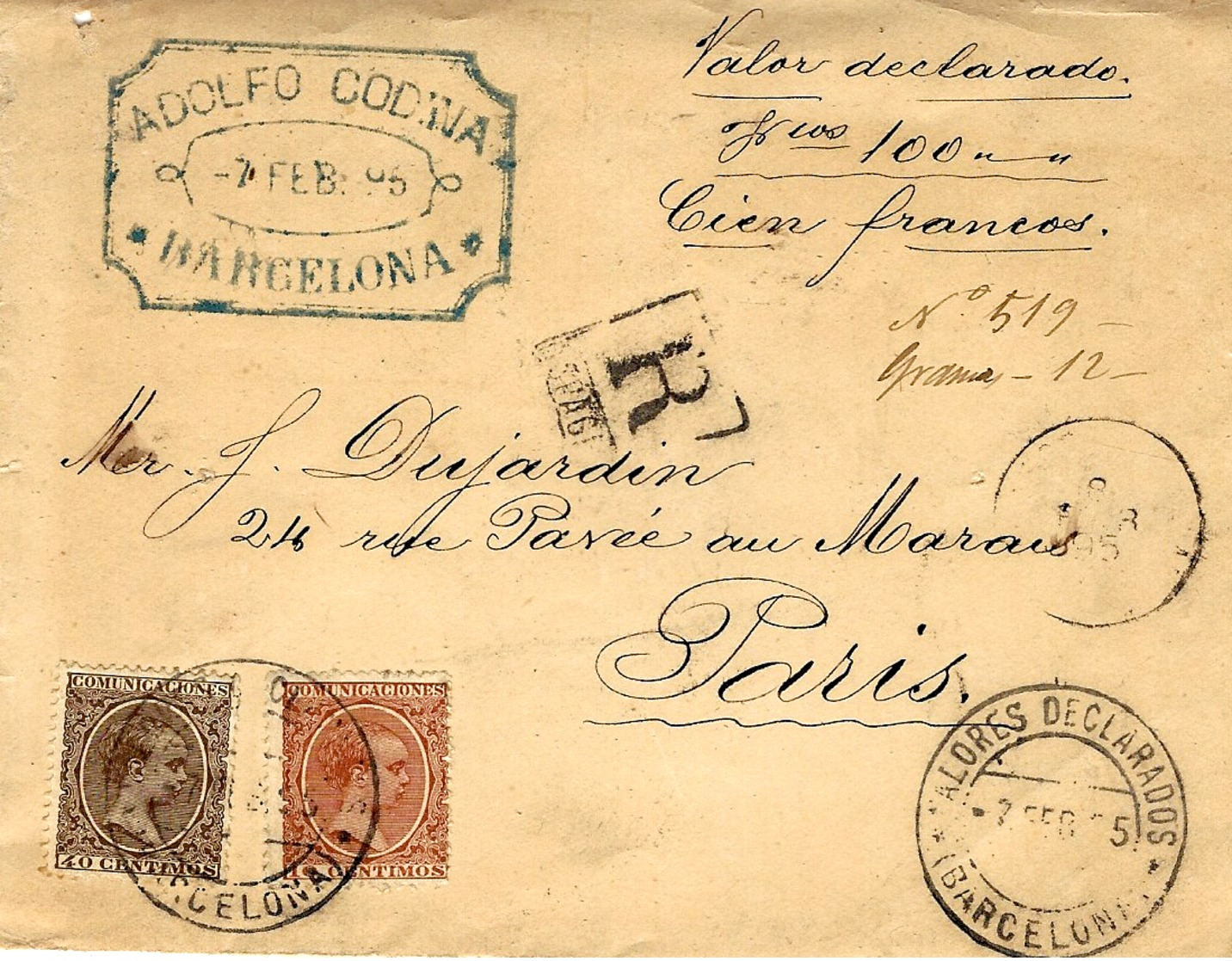 1895- DEVANT ( Front ) D'enveloppe RECC. V D 100  F Affr. 50 C. Oblit. Valores Declarados / BARCELONA - Briefe U. Dokumente