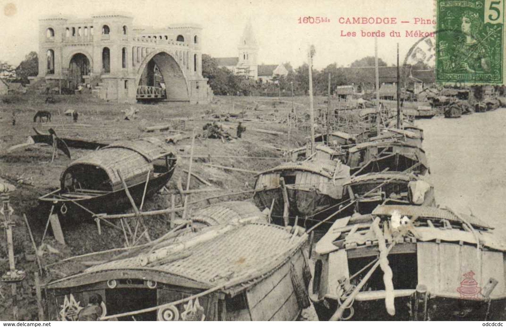 CAMBODGE  Phnom Penh Bords Du Mekong + Beau Timbre 5c Indochine Francaise RV - Cambodia