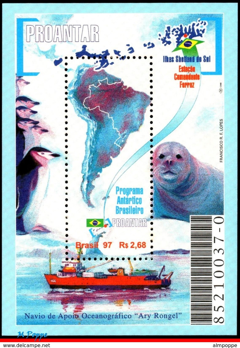 Ref. BR-2630 BRAZIL 1997 SHIPS, BOATS, ANTARCTIC PROGRAM, FOCA,, PROANTAR, PENGUIN, MAPS, MI# B107, MNH, 1V Sc# 2630 - Bases Antarctiques