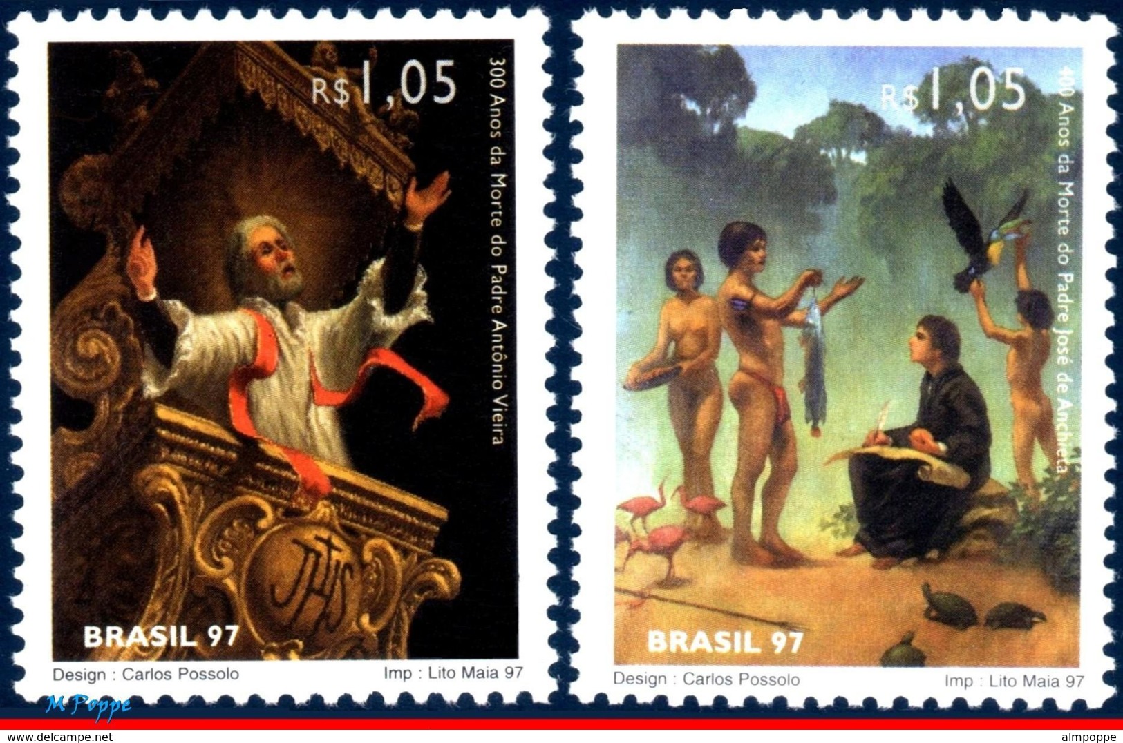 Ref. BR-2639-40 BRAZIL 1997 - JOINT ISSUE, WITH PORTUGAL,ANCHIETA,, VIEIRA, MISSIONARIES M# 2760-61 MNH,2V Sc# 2639-2640 - Emisiones Comunes