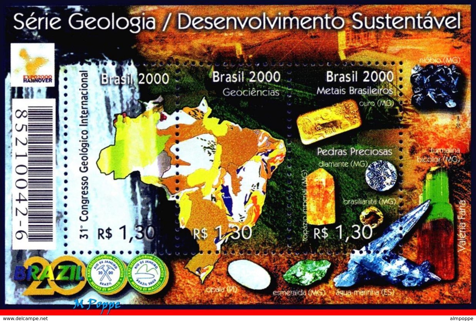 Ref. BR-2743 BRAZIL 2000 - GEOLOGY, SUSTAINABLE DEVELOPMENT,, HANOVER, GEMSTONES, MI# B111, S/S MNH,3V Sc# 2743 - Minerali