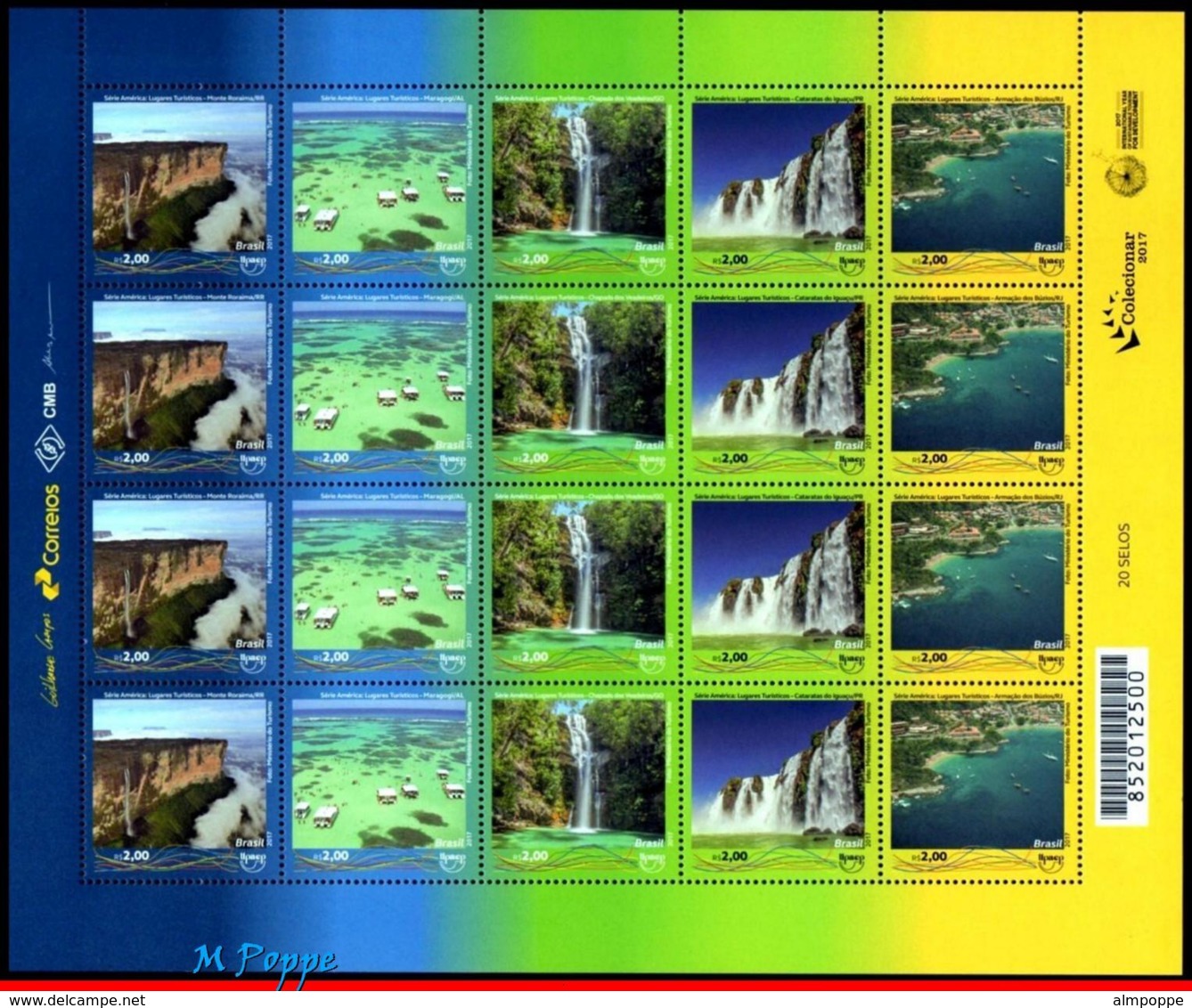 Ref. BR-V2017-14FO BRAZIL 2017 TOURISM, UPAEP, WATERFALL, BEACH,, TOURIST ATTRACTIONS, SHEET MNH 20V - Ongebruikt