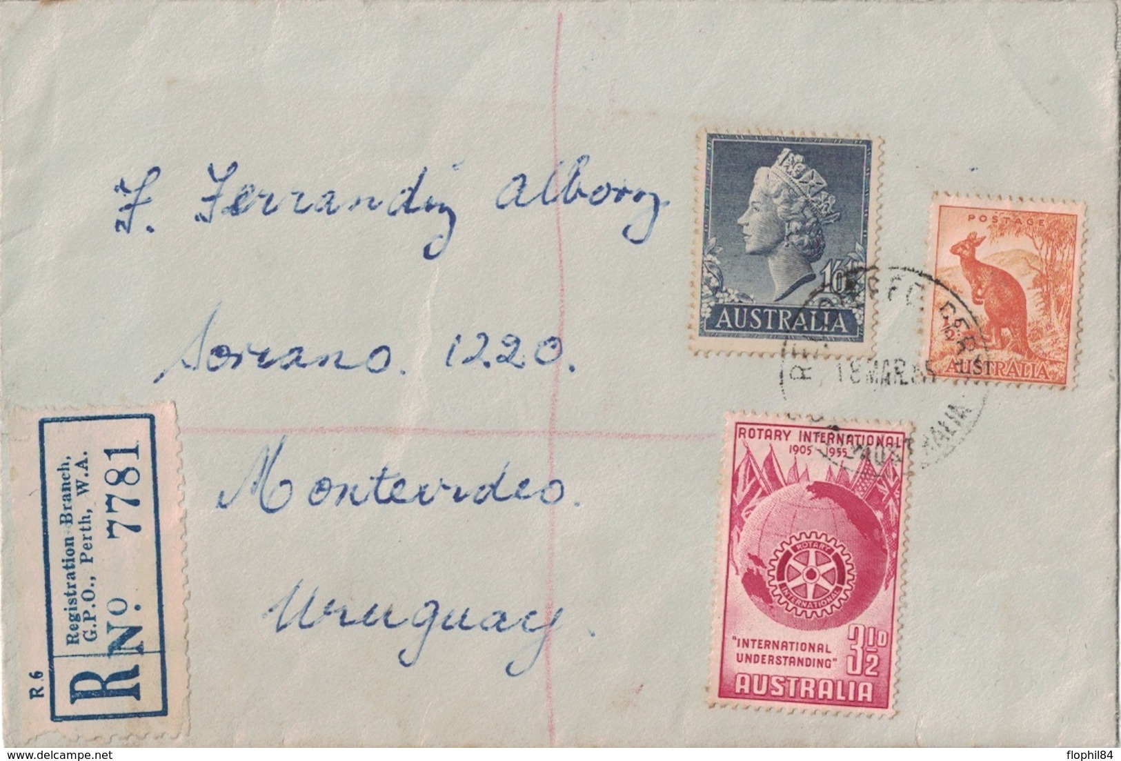 AUSTRALIE - LETTRE DE RECOMMANDEE POUR MONTEVIDEO URUGUAY - LE 8 MARS 1955 - BONNE DESTINATION. - Storia Postale