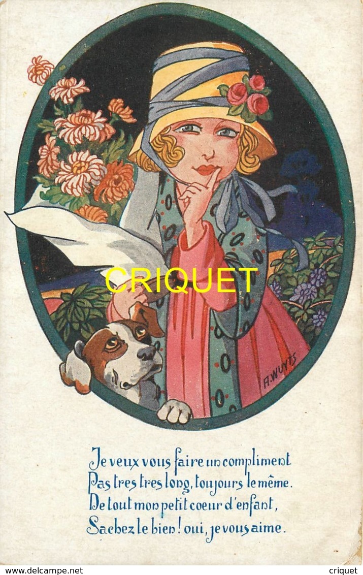 Illustrateur, Wuyts, Jeune Fille Avec Chien Et Bouquet De Fleurs, Série Tendresses Enfantines - Wuyts