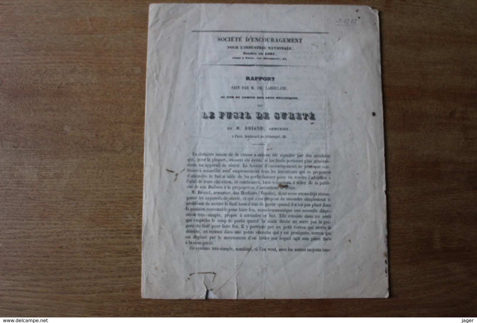 Le Fusil De Sureté Par Mr Briand  1857  Rapport Pour La Création D'un Cran De Sureté Sur Les Armes De Chasse - Documents