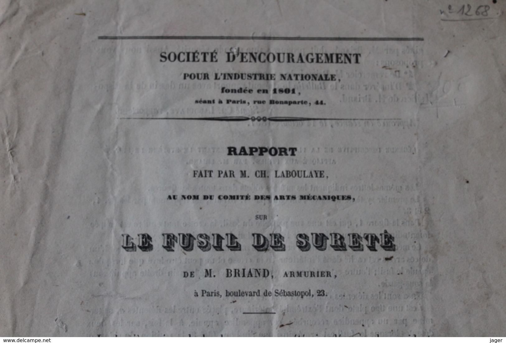 Le Fusil De Sureté Par Mr Briand  1857  Rapport Pour La Création D'un Cran De Sureté Sur Les Armes De Chasse - Documents