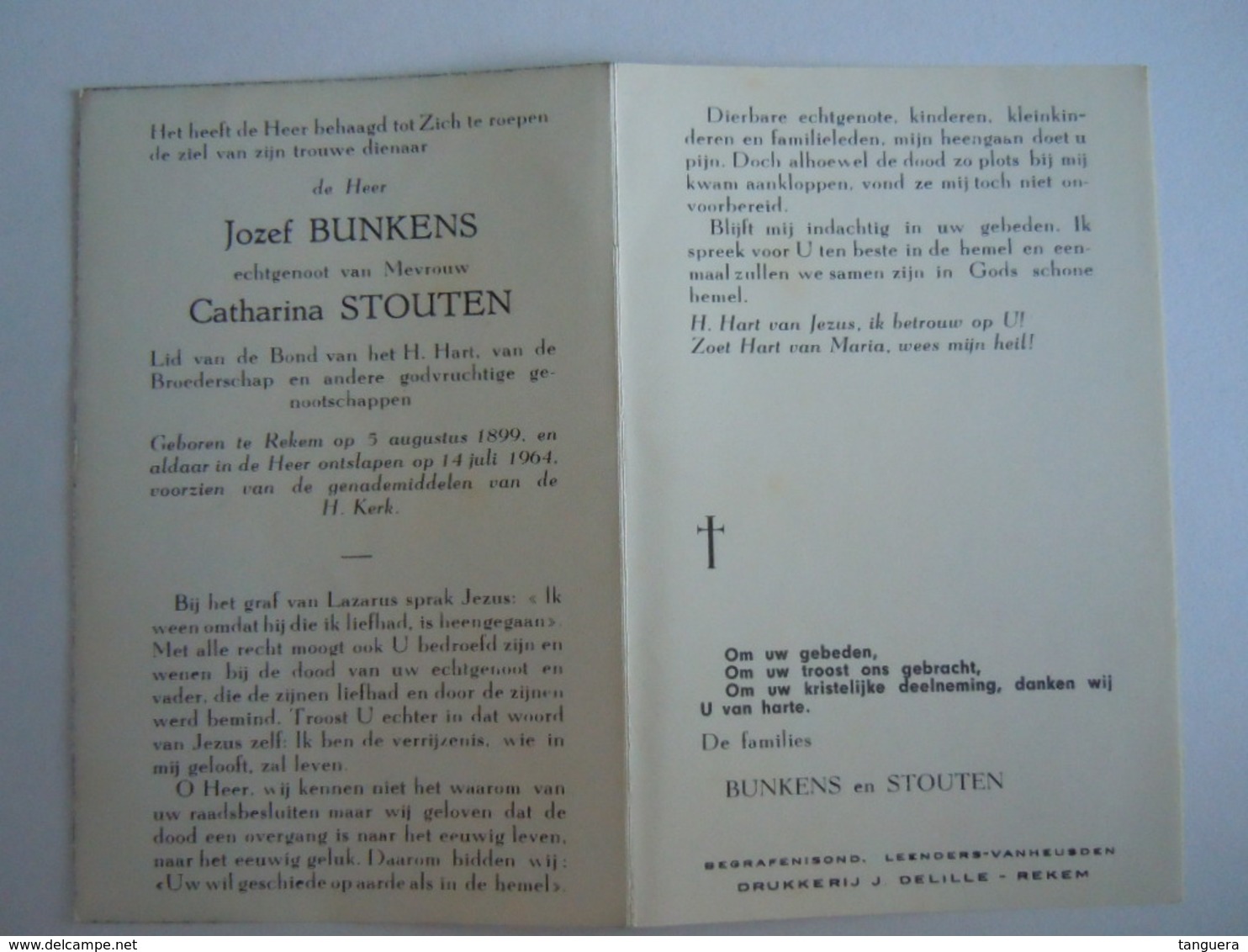 Doodsprentje Jozef Bunkens Rekem 1899 1964 Echtg Catharina Stouten - Devotieprenten