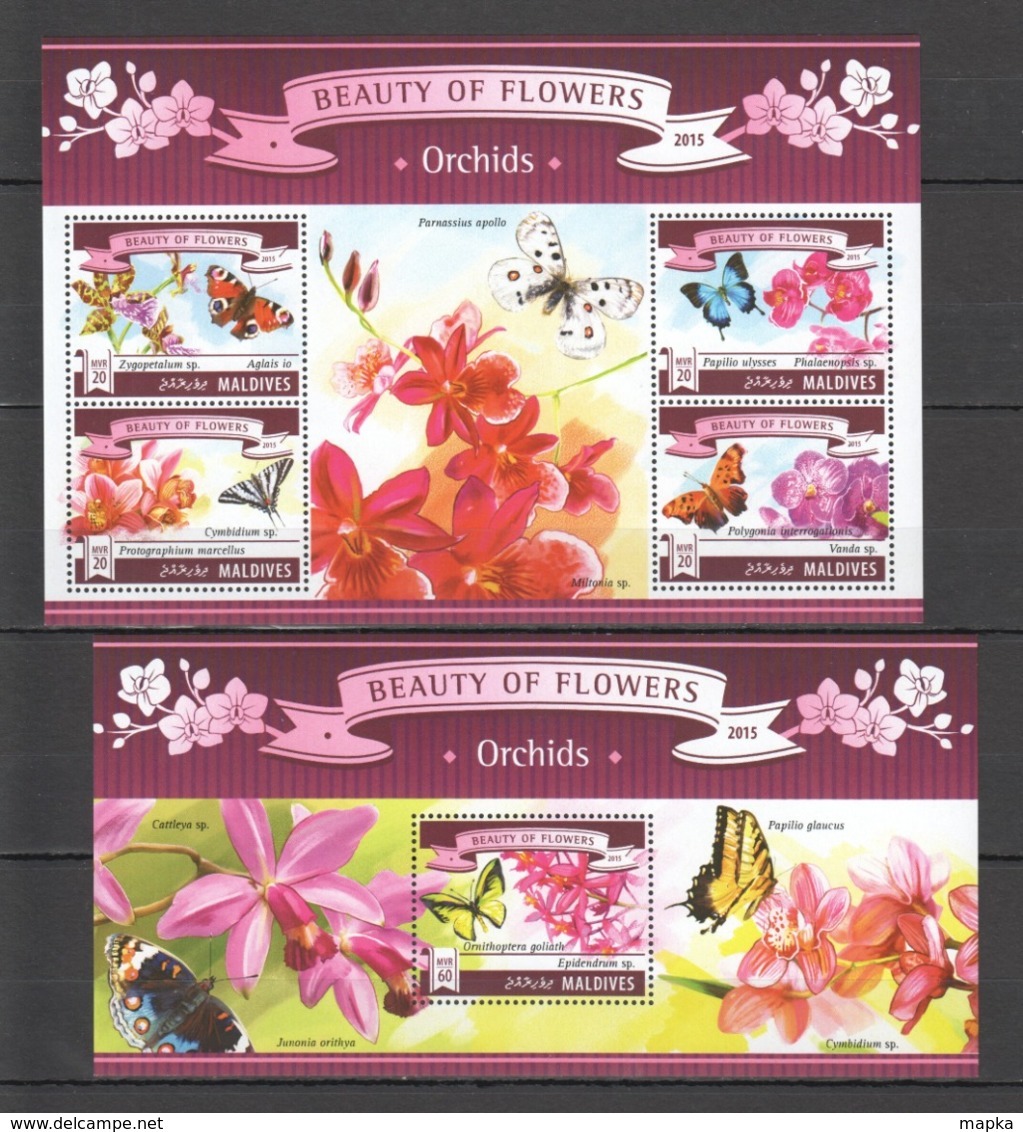 ML652 2015 MALDIVES PLANTS FLOWERS ORCHIDS BUTTERFLIES 1KB+1BL MNH - Butterflies