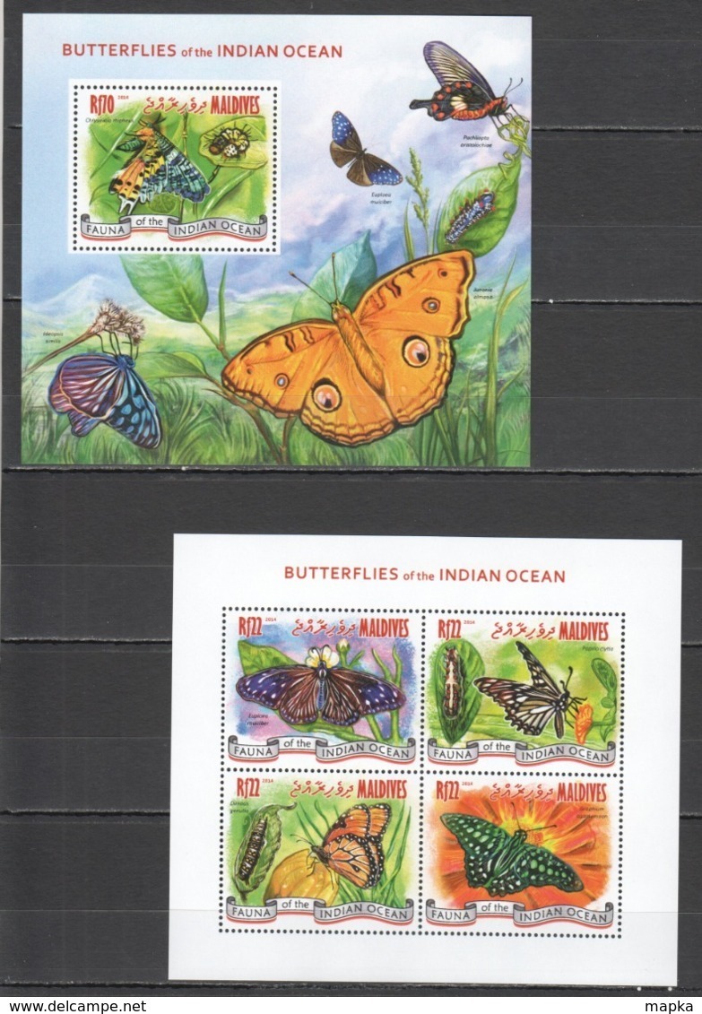 ML666 2014 MALDIVES FAUNA INSECTS BUTTERFLIES OF THE INDIAN OCEAN 1KB+1BL MNH - Farfalle