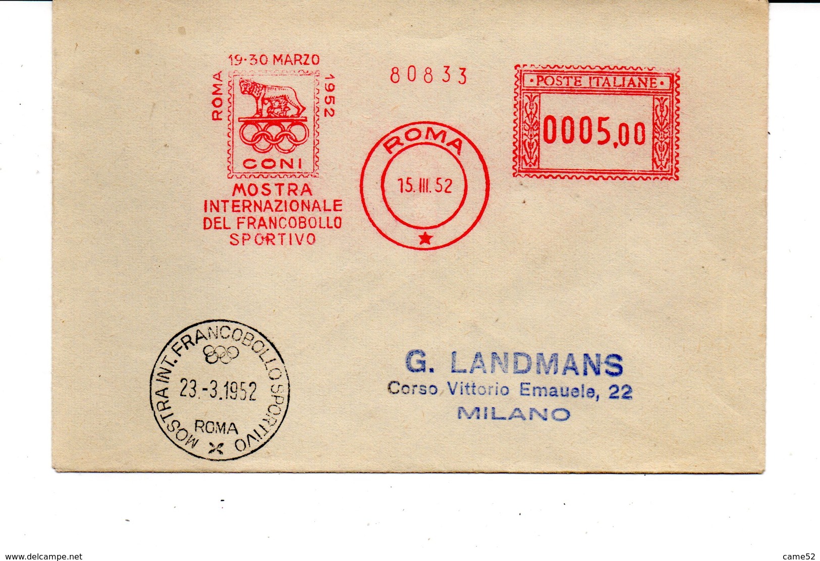 1952 EMA Affrancatura Meccanica Rossa Freistempel Roma CONI Mostra Internazionale Francobollo Sportivo Lupa Cerchi - Franking Machines (EMA)