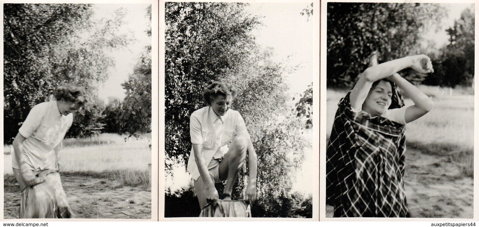 3 Photos Originales Coquines, Portrait D'une Femme Se Rhabillant En Forêt En 1947 - Habillage & Déshabillage En Nature - Pin-up