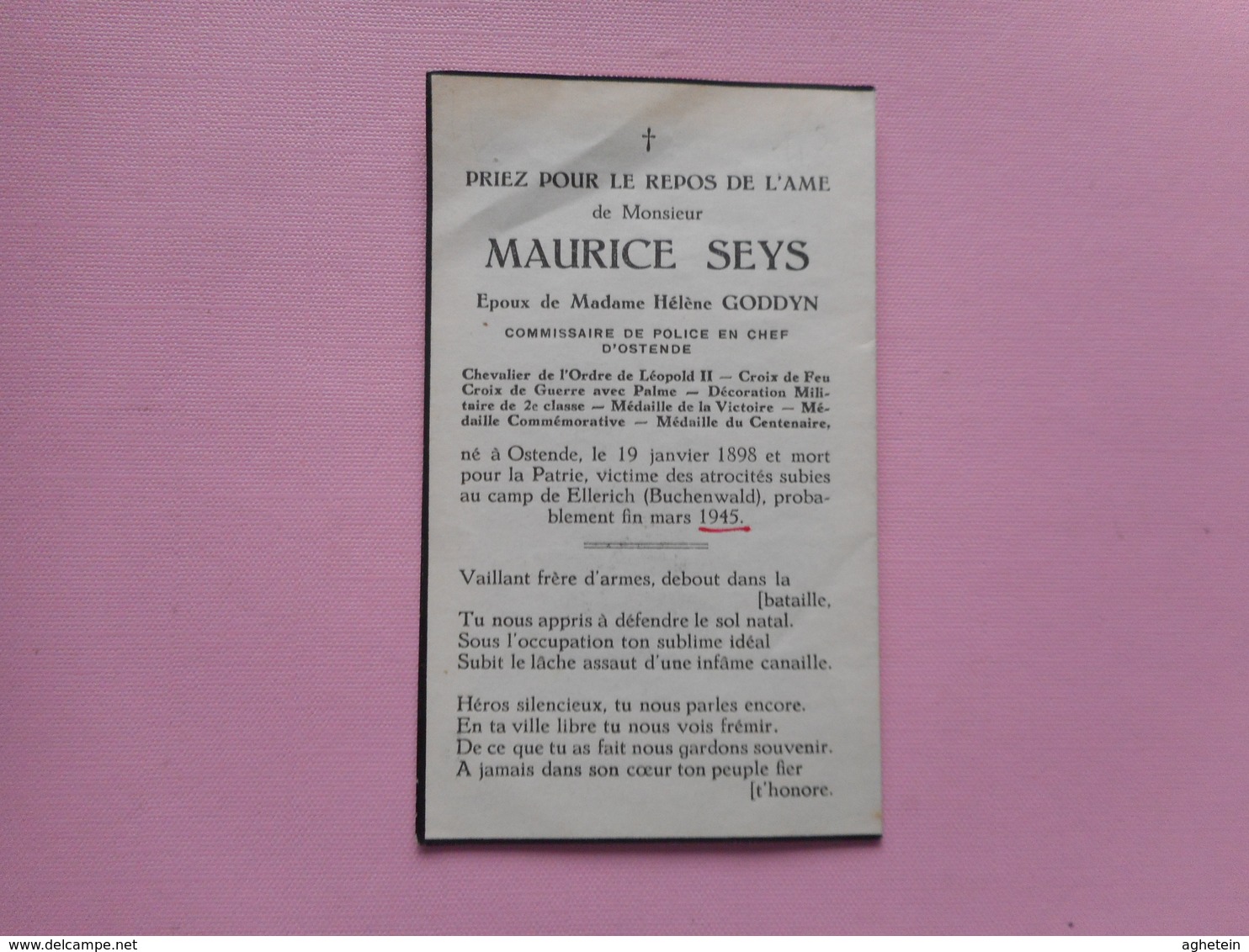 D.P-OORLOG -COMMISSAIRE DE POLICE EN CHEF D'OSTENDE-MAURICE SEYS°OSTENDE19-1-1898 ET MORT POUR LA PATRIE - Religion & Esotérisme