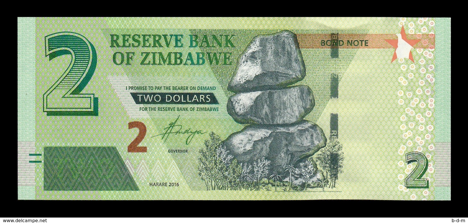 Zimbabwe 2 Dollars 2016 Pick 99 With "Bond Note" SC UNC - Zimbabwe