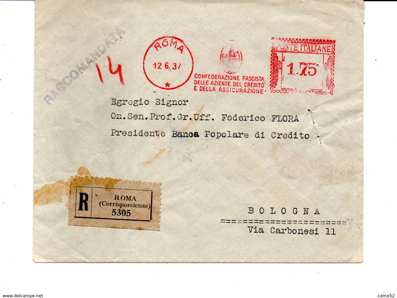 1937 EMA Affrancatura Meccanica Rossa Freistempel Roma Confederazione Fascista Aziende Credito E Assicurazione - Franking Machines (EMA)