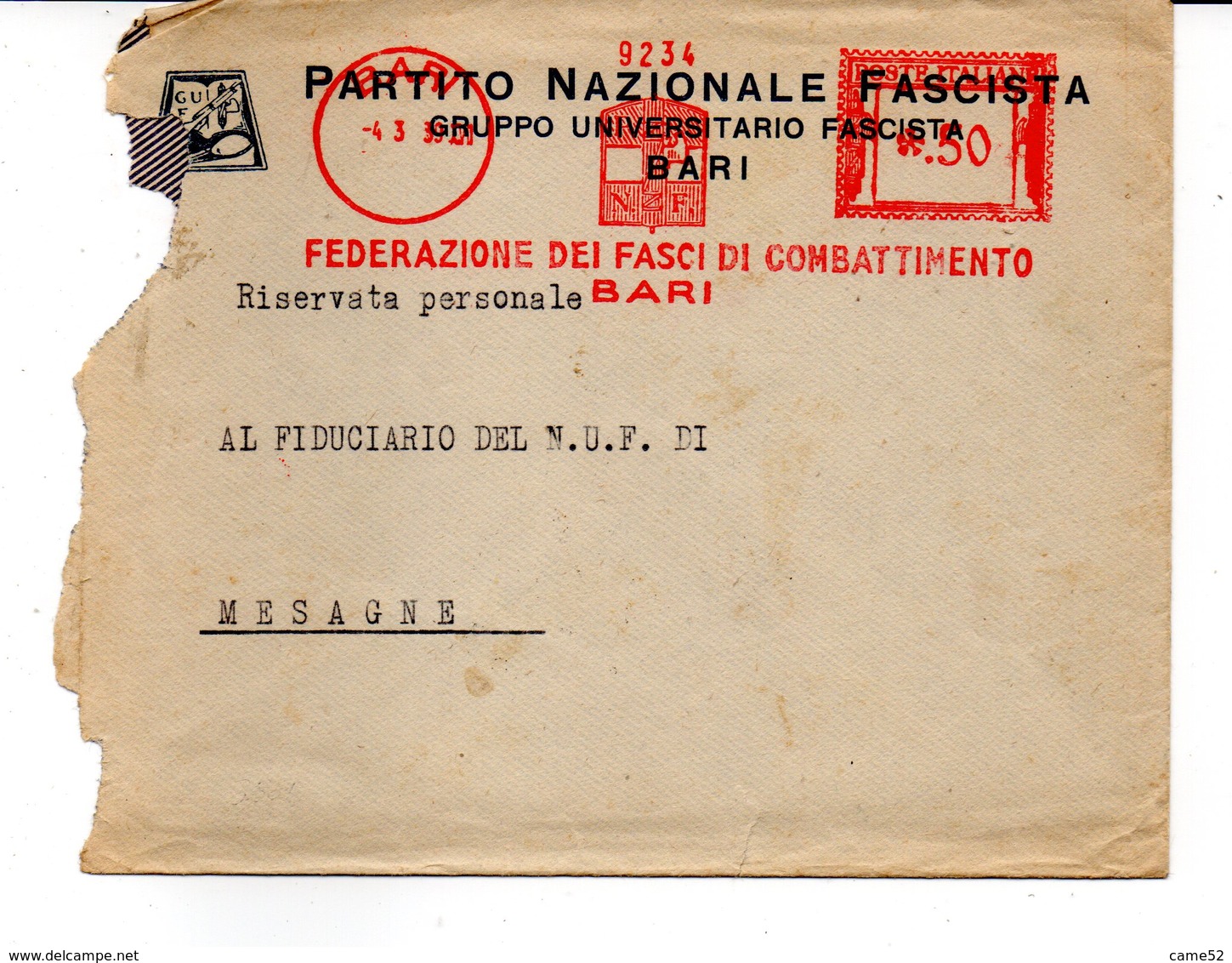 1939 EMA Affrancatura Meccanica Rossa Freistempel Bari Federazione Fasci Combattimento Di Bari - Macchine Per Obliterare (EMA)