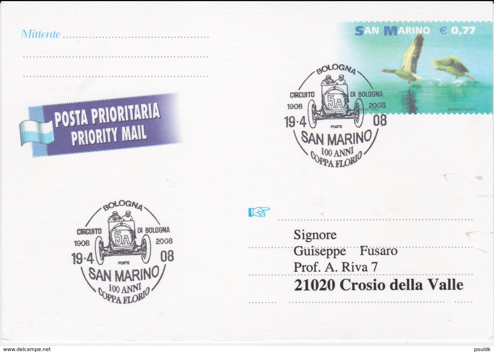 San Marino Postal Stationary Posted Bologna 2008 San Marino 100 Anni Coppa Florio (G106-6) - Automobile