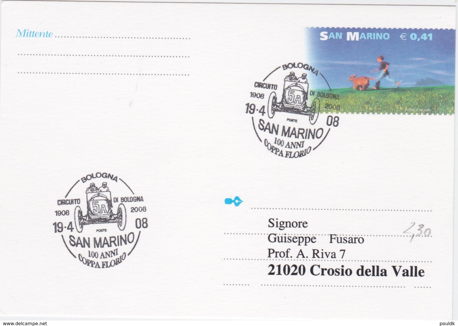 San Marino Postal Stationary Posted Bologna 2008 San Marino 100 Anni Coppa Florio (G106-6) - Automobile