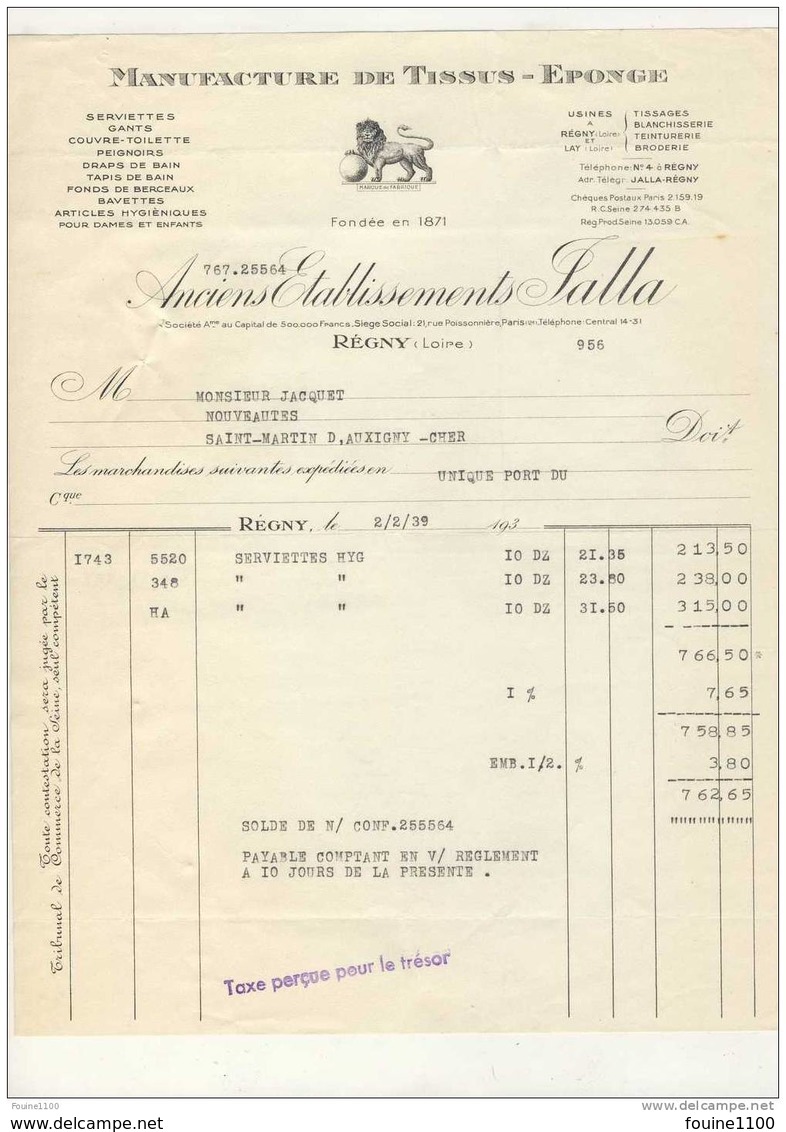 Facture Manufacture De Tissus éponge Anciens Ets JALLA  à REGNY ( Loire 42 ) ( Recto Verso - 1900 – 1949