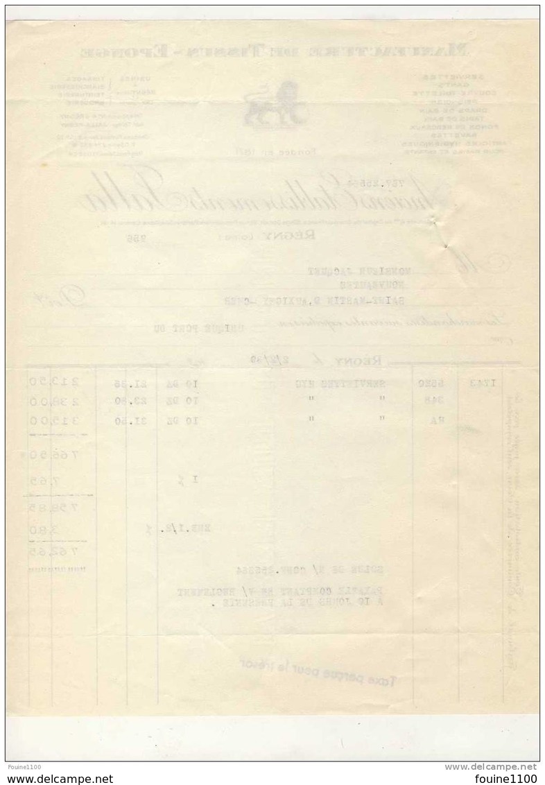 Facture Manufacture De Tissus éponge Anciens Ets JALLA  à REGNY ( Loire 42 ) ( Recto Verso - 1900 – 1949